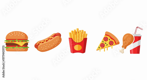 Fast Food Delight: A vibrant illustration showcasing a mouthwatering ensemble of fast-food favorites. From a juicy burger to a crispy pizza slice.