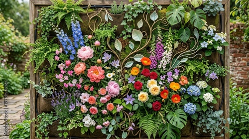 A whimsical floral poster with blossoming flowers and abstract botanical forms, vertical garden composition, fresh spring-to-summer elegance, ultra-realistic, no logos.