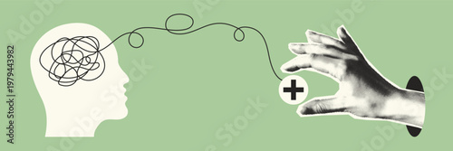 Mental health, psychological wellness, stress free Collage. Trendy halftone hand gives pill, untangles tangle of threads, clutter, and chaos in human mind. Vector banner copy space. Head silhouette.