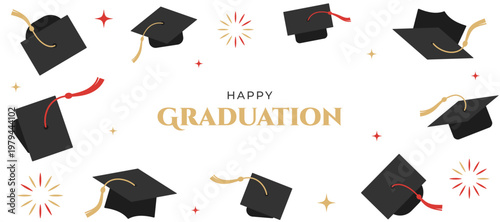 Happy Graduation banner template with academic caps, tassels and fireworks in flat style. Black gold red ceremony, congratulations background. Vector illustration with hat icons for print web.