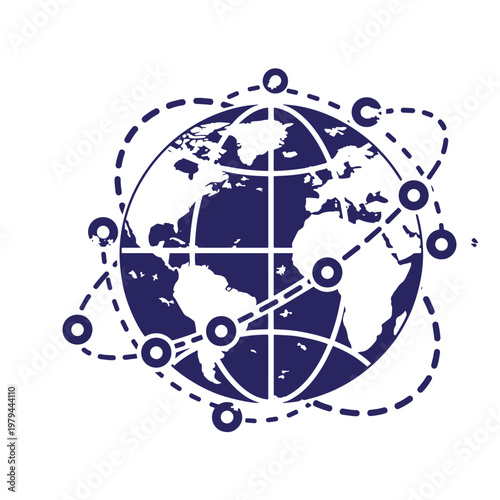 Dark blue silhouette of a globe with intersecting dashed orbital lines and circular nodes representing global connectivity, communication, and international network data exchange