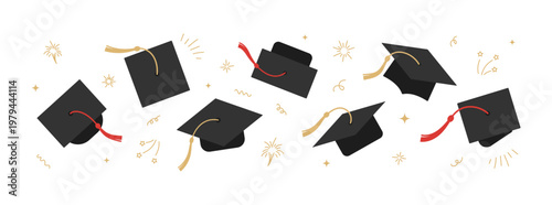Academic cap in the air. Graduation border on white background. Graduate icons hats in flat style with doodle sparkles, stars, gold confetti. Education celebration banner for high school, college.