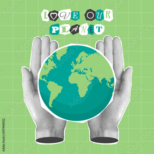 Love Our Planet banner with halftone hand holding Earth. Eco trendy collage. Environmental awareness poster, Earth Day, save the planet. Vector illustration.