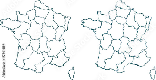 France map displays the regional administrative borders of the country in two identical side by side layouts.