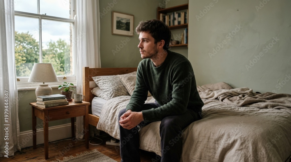 Fototapeta premium A thoughtful young man looking away while seated near a bed at home, soft muted daylight, quiet bedroom details, introspective emotional atmosphere, ultra-realistic, no logos.