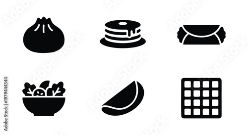 Minimalist food icon set featuring 6 black solid vector elements, breakfast and snack food symbols, dumpling pancakes burrito salad taco and waffle