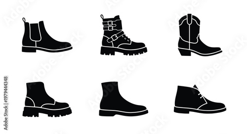 Black footwear silhouettes set, 6 vector icons of mens and womens boots, stylish leather chelsea and cowboy boot collection for fashion retail