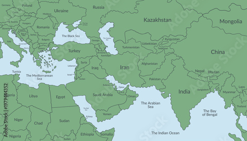 Detailed political map of the Middle East and nearby regions3. Vector flat background.