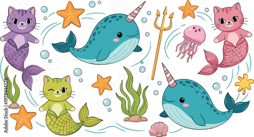 Cute Underwater Illustration Set with Narwhals, Mermaids, Cats, Jellyfish, and Starfish for Fantasy, Ocean, and Kids' Designs