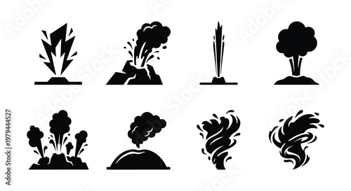 Natural disaster icon set with 8 volcanic eruption and tornado symbols, black silhouette geyser and smoke vector elements for infographics