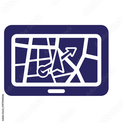 Dark blue smartphone screen with white map and navigation arrow directions