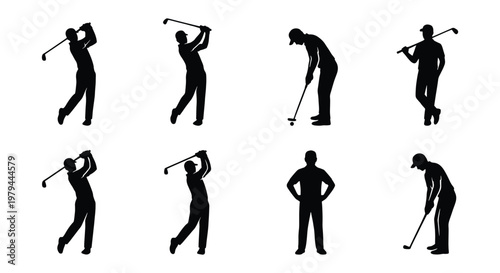 Professional golf player silhouettes, set of 8 golfer vector icons, male athletes swinging golf clubs and putting, sports competition graphics