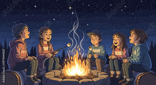Camping, friends, night, outdoors, campfire, vector illustration, social gathering, youth group