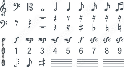 Music notation symbols include clefs, notes, rests, and dynamic markings for professional composition and theory manuals.