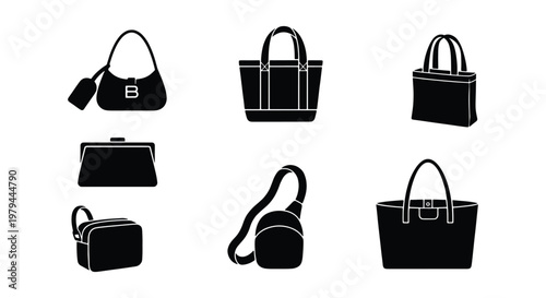 Fashion handbag silhouette icons, set of 7 black female purse vectors, stylish tote and clutch bag illustrations for retail and shopping design