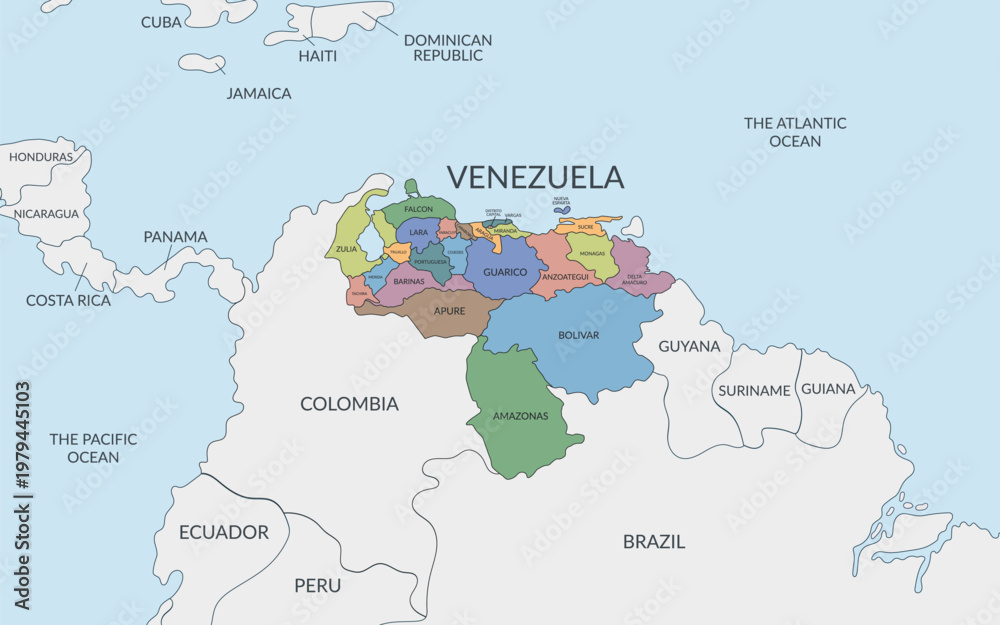 Fototapeta premium Venezuela location on the political map of South America. Venezuela detailed political map. Vector flat template.