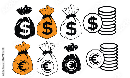 Money Bag and Coin Icon Set Vector, Dollar and Euro Currency Symbols