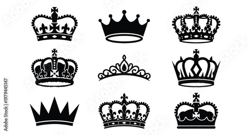 Royal crown icons set, black heraldic tiara symbols, 9 vector king crowns