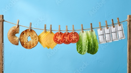 Bagel halves, cheese slices, tomato, lettuce and mayonnaise packets hanging neatly on a clothesline against a blue background, quirky food styling and playful composition, ultra-realistic, no logos.