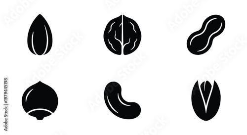 Minimalist nut icon set, black flat vector 6 elements, healthy snack symbols
