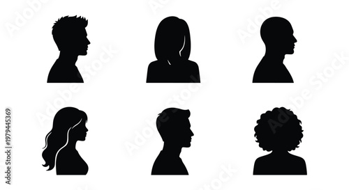 Minimalist profile silhouettes, 6 avatar icons, black head vector set
