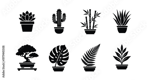 Black houseplant icons set, 8 potted plant vectors, botanical silhouettes