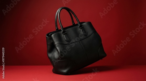 A large black handbag posed dramatically against a red background, sculptural lighting and bold luxury fashion minimalism, ultra-realistic, no logos.