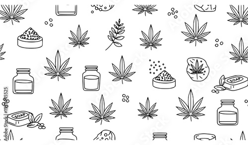 Minimal hemp cannabis leaves seamless pattern cosmetic spa vector isolated on white background