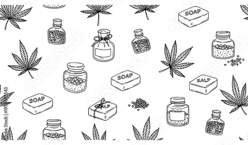 Hemp leaves and cannabis cosmetic seamless pattern hand drawn vector isolated on white background