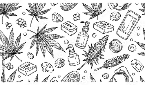 Hand drawn cannabis and hemp cosmetic seamless pattern wellness spa vector isolated on white background