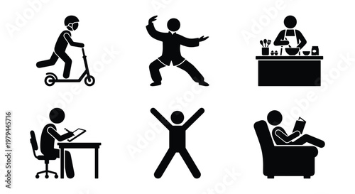 Lifestyle stick figure icons, people daily activities, 6 vector elements