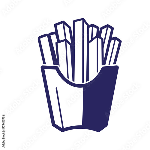 Dark blue of a portion of french fries in a paper carton, isolated on a white background, showing individual potato strips in a container