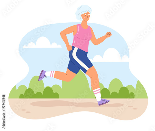Active senior woman running on a park path. Elderly person jogging outdoors in sportswear. Healthy lifestyle, retirement, and aging concept isolated on white.
