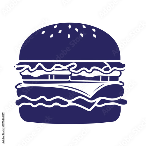 Navy blue hamburger with white outline, sesame seed bun fast food dark blue
