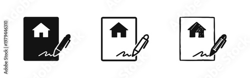 Home sale contract and real estate document signature icon set