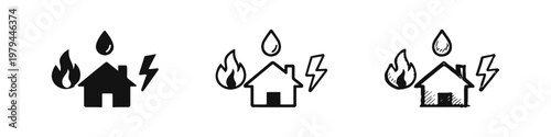 Home insurance risks icon with fire flood and lightning symbols