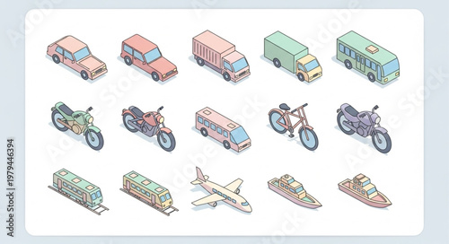Collection of isometric vehicles and transportation modes illustration.