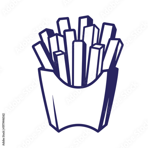 Dark blue outline of a portion of french fries in a paper carton, isolated on a white background, featuring a simple flat style with bold lines and geometric potato sticks