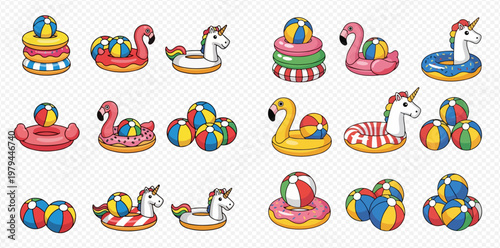 Set of colorful inflatable swimming rings and beach balls, isolated on transparent background, perfect for summer fun.