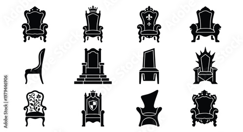 Royal throne icons set, black king chair silhouettes, 12 vector elements