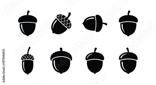 Acorn icon set, 8 black oak nut silhouettes, autumn forest seed vector symbols
