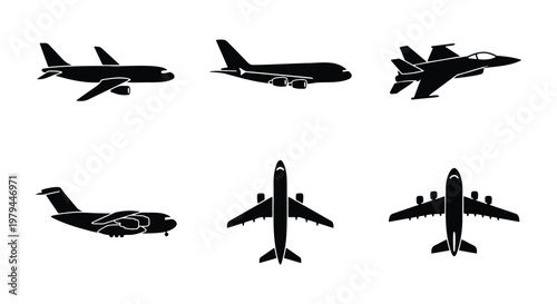 Airplane silhouette vector set, 6 aircraft icons, commercial and fighter jets