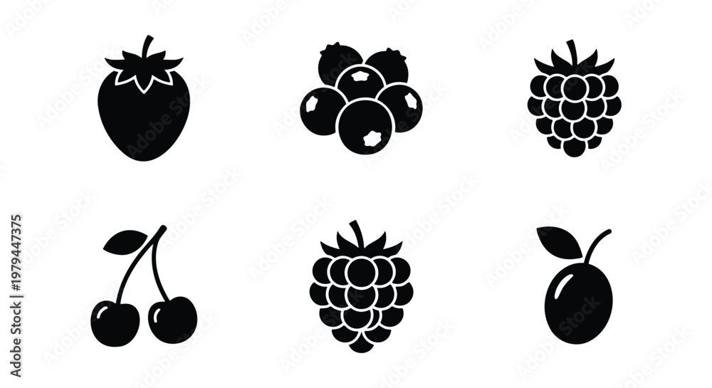 Fototapeta premium Black berry icons set, 6 fruit vector elements, minimalist food symbols