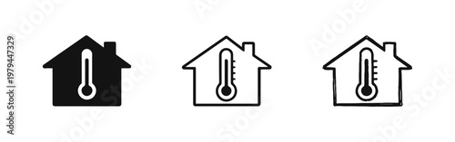Smart Home Temperature Control Icons Set, House with Thermometer Symbols
