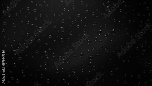 Black background with realistic water droplets texture surface detail. Realistic water droplets and condensation creating a glossy wet surface texture suitable for abstract design