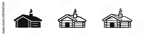 Wooden Log Cabin Icons Set, Rustic Timber House Symbols