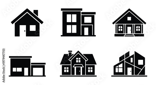 Minimalist house icons set, black building silhouettes, 6 home vector symbols