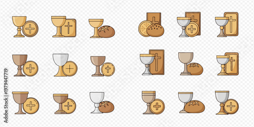 Set of Holy Communion and Eucharist icons with chalice, host, bread, and cross symbols for religious design.