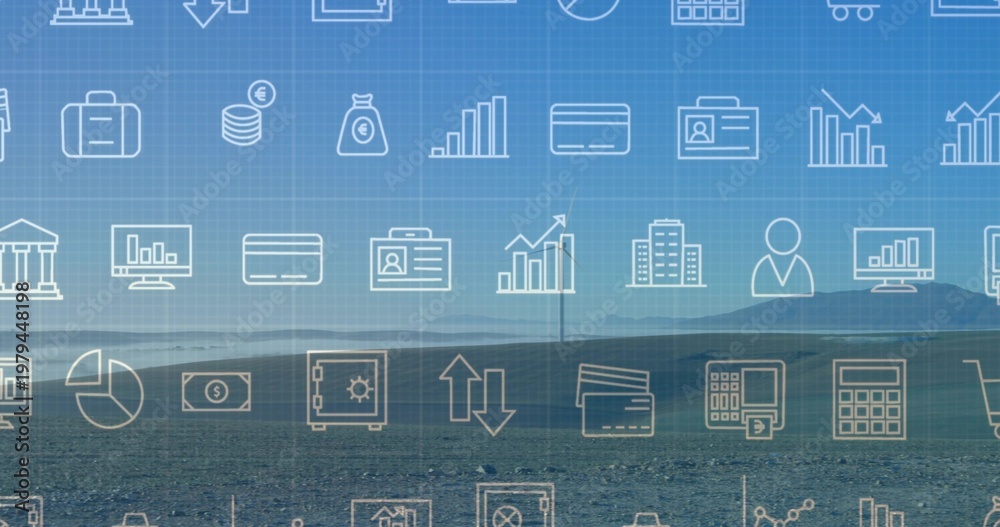 Fototapeta premium Overlaying faint icon grid covering coastal shoreline and low hills, with charts, briefcase, coins