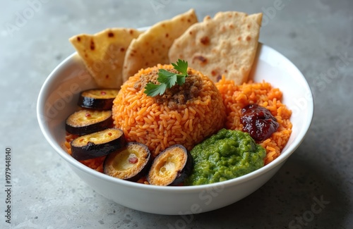 Delicious rice and vegetable curry bowl. Colorful dish with fried eggplant slices and flatbread. Healthy vegetarian meal served in white bowl. Tasty food photography for culinary blog.
